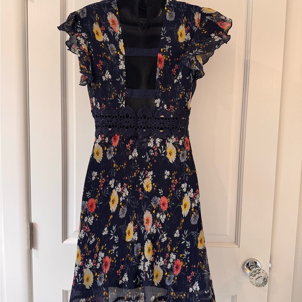 Foxiedox Navy Floral Mini Dress with Ruffle Sleeves